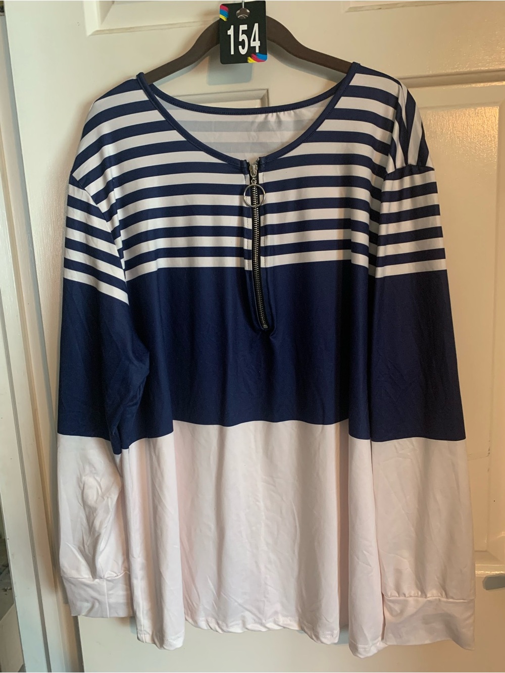 Women's Navy and White Striped Long Sleeve Top with Zip